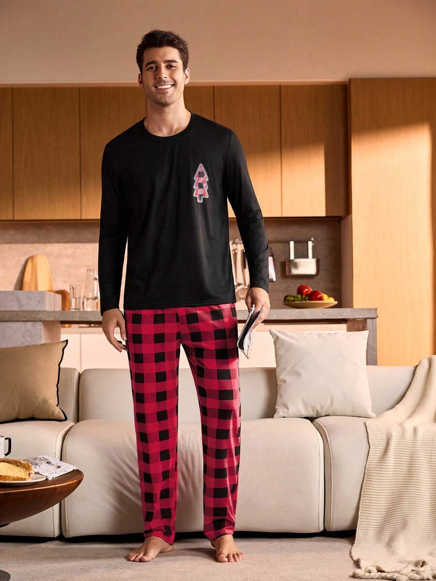 Manfinity Underwear&Sleepwear Basics 男士圣诞格子圣诞树印花长袖上衣和裤子睡衣套装 秋冬服装 - 黑色 - 查看 1