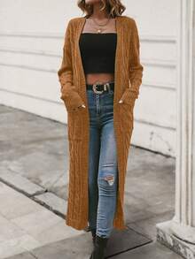 EMERY ROSE Áo khoác len cardigan dài tay, hai túi, dáng rộng, thường ngày cho nữ, Thu/Đông - Màu Khaki - Xem 3