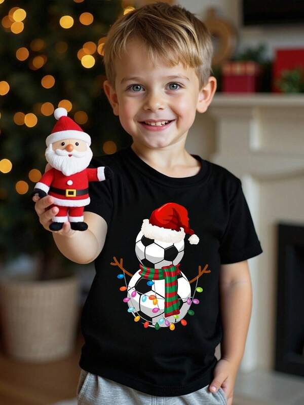SHEIN Fröhliche Weihnachten Kleine Jungen Lässig Modisch Cartoon Niedlich Fußball Schneemann Weihnachtsmann Mütze Leuchtend Kreatives Muster Basic Kurzarm T-Shirt, geeignet für Weihnachtsparty