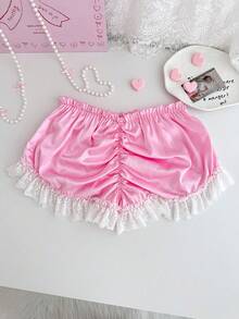 PetitDoll Quần lót nữ màu hồng xếp ly phía sau, nơ, ren, viền ren, kiểu dáng búp bê, cạp cao, thoải mái, kiểu quần short nữ. - Hồng - Xem 7