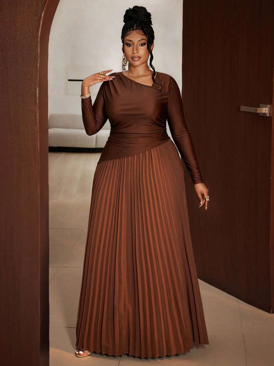 Maweii Plus Size Women Elegant Solid Color Asymmetric Neckline Ruched Long Sleeve Dress, Suitable For Wedding Guest, Party, Night Out, Fashion Design, Autumn