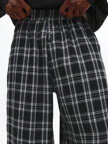 SUMWON 宽松格子裤阔腿格子裤休闲街头风宽松阔腿格纹图案秋冬舒适穿搭 - 黑與白 - 查看 5