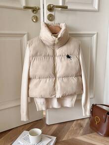 SHEIN Frenchy New Autumn Women's Winter Casual Warm Zip-Up Stand Collar Padded Sleeveless Padded Coat With Small Logo Embroidery, Autumn/Winter,Commuting Style, Suitable For Party, Halloween, Christmas, Holiday Events Jackets - Apricot - View 3