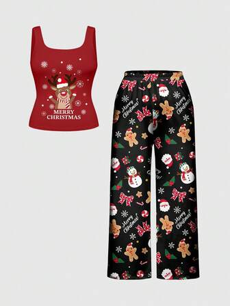 Pijama de talla grande con estampado de muñeco de nieve, Papá Noel, reno, copo de nieve y lazo, que incluye top de tirantes y pantalones, ropa de dormir informal