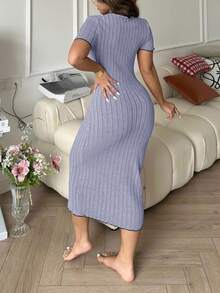 SHEIN Váy dệt kim màu tương phản đính nơ thanh lịch, đồ mặc nhà cho nữ - Bụi tím - Xem 2