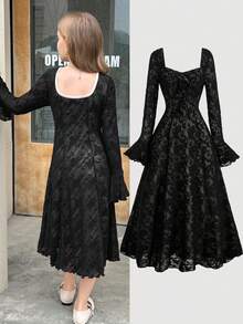 SHEIN Serisse Kids Váy ren đen dài tay cho bé gái tuổi teen, phù hợp cho những dịp trang trọng như dạ hội, tiệc tùng, ngày lễ và tiệc trà - màu đen - Xem 2