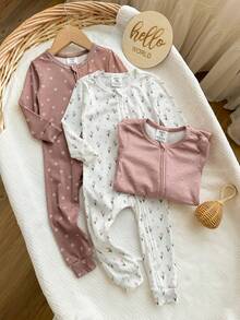 Babygirl Cute Casual Knitted Ditsy Floral Stretchy Pink Long Sleeve Jumpsuit Bodysuit Loungewear