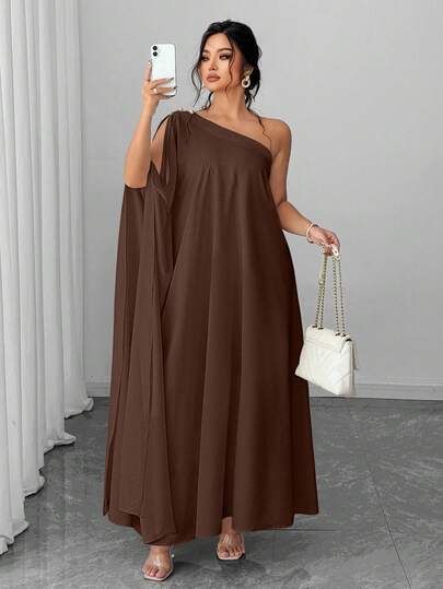 Elenzga 大码女式斜领装饰纽扣蝙蝠袖连衣裙