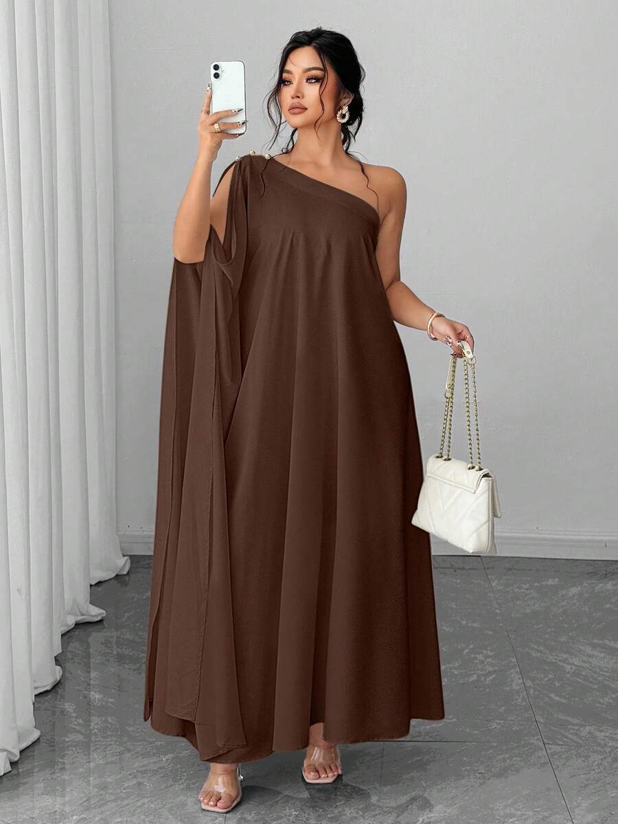 Elenzga Đầm tay cánh dơi cổ chéo đính nút trang trí cỡ lớn dành cho nữ - màu nâu - Xem 1