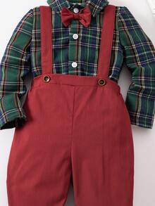 SHEIN 男婴都市学院风可爱绿色格子长袖翻领衬衫和松紧腰连体裤绅士装套装 - 彩色 - 查看 7