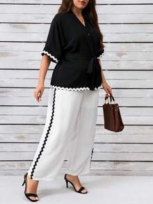 EMERY ROSE Elegant & Comfortable Plus Size Women 2 Pieces Set With Contrast Trim, Everyday Wear - Black and White - View 4