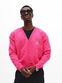 SUMWON Crop Fit Bright Button Front Cardigan With Logo Embroidery For Casual Layering Spring Summer Wear - Hot Pink - View 5