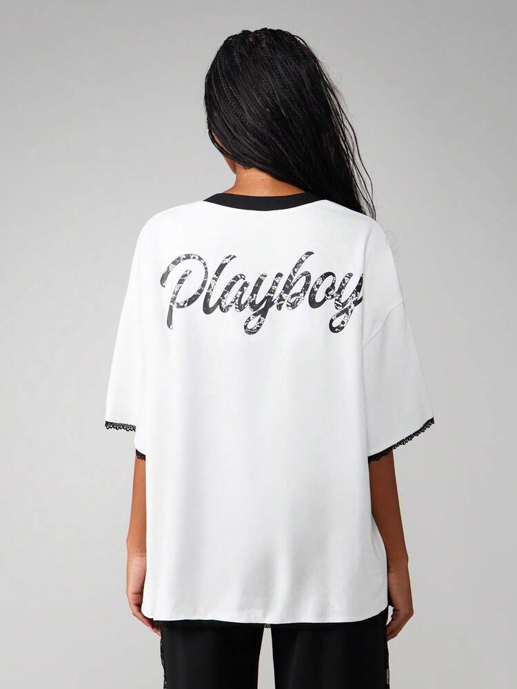 Missguided x Playboy Oversized Graphic Tee Snake Print Bunny Logo Short Sleeve V-Neck Cotton Blend Street Style Urban Fashion