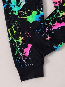 SHEIN 2 件套儿童/青少年男童休闲日常舒适印花图案圆领长袖上衣和紧身裤针织家居服套装 - 黑與白 - 查看 6