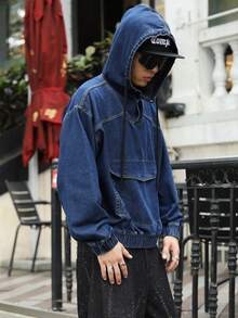 ROMWE MEN Street Life 男士休闲抽绳连帽牛仔夹克，秋季 - 藍色 - 查看 1