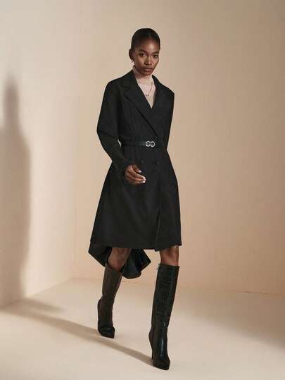 JIAN LASALA 双排扣翻领喇叭长袖长款外套 女士秋季休闲外套 奢华时尚服装系列 优雅黑色西装外套