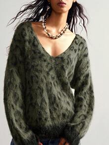 Bohemela 波西米亚风秋冬外套，女士复古豹纹不对称领宽松针织套头毛衣，西部乡村风格，适合度假、日常穿着、返校季、圣诞节、新年等场合。 - 軍綠色 - 查看 9