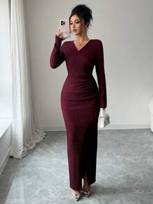 Modelyn Damen gestricktes rotes langärmliges figurbetontes Kleid aus strukturiertem Stoff, geeignet für Ausgänge - Rot - Übersicht 5