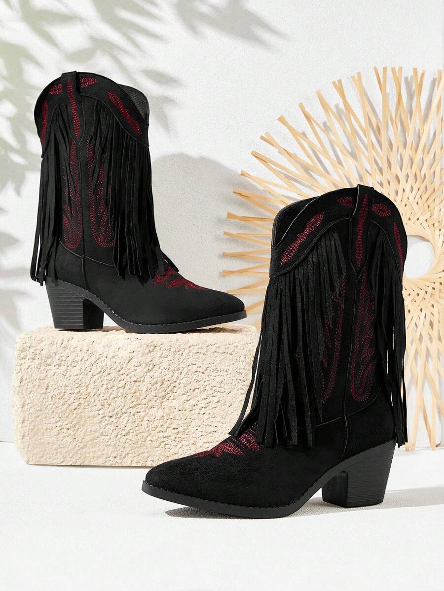 Styleloop Giày bốt cao gót mũi nhọn tua rua phong cách miền Tây thời trang cho nữ, thích hợp cho tiệc tùng, Giáng sinh, Halloween, phong cách miền Tây - màu đen - Xem 1