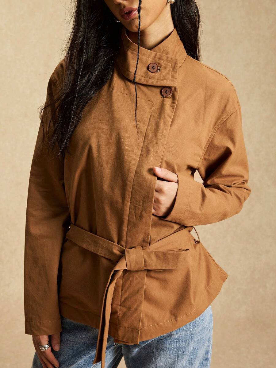 Easelle Women's Brown Woven Stand Collar Drop Shoulder Long Sleeve Fashionable And Versatile Regular Coat, Perfect For Autumn And Winter - Brown - View 1