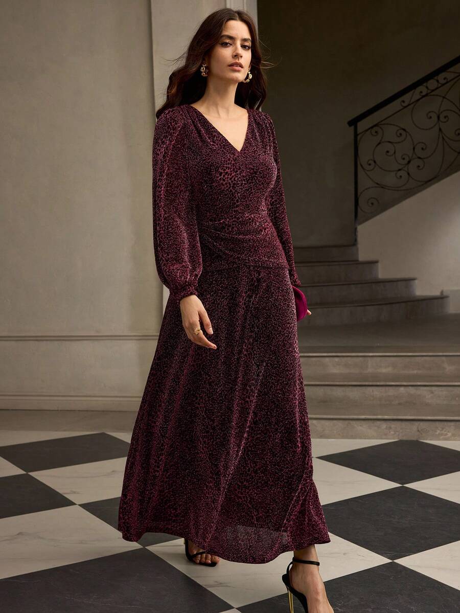 ZEYLAH Vestido con cuello en V, fruncido y con bajo acampanado, para otoño/invierno