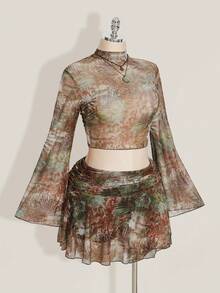 SHEIN ICON 大码女式度假喇叭袖花卉印花上衣，复古花卉印花褶饰腰部开衩 A 字迷你裙套装，适合派对、约会、街头、城市度假、音乐节、秋季海滩 - 彩色 - 查看 5