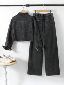 SHEIN 2pcs/Set Teen GirlGray Denim Lapel Short Jacket And Loose Fit Pants,Fall Clothes,Winter Clothing ,Casual And Fashionable Vacation Outfits,Streetwear,2000s Style ,Halloween Denim Jeans ,Christmas - Grey - View 2