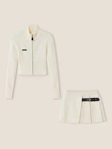 Muvela Conjunto de suéter de cuello alto con cremallera de manga larga y minifalda para mujer, estilo universitario vintage, casual y versátil, adecuado para salidas diarias de otoño, elegante