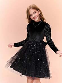 SHEIN 1 chiếc váy dệt kim cổ tròn tay dài có viền hoa thêu gân cho bé gái, ngọt ngào và nữ tính, mùa thu - màu đen - Xem 4