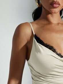 Denimoi Elegantes, sexy Kontrastfarben Spitze Patchwork Trägerkleid - Beige - Übersicht 2