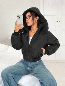 SHEIN EZwear Autumn Winter Women Women's Black Woven Hooded Jacket, Winter - Black - View 7