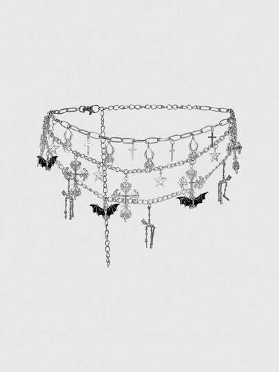 1pc Women Silver & Black Bat, Skull, Cross Decor 3-Layer Chain Belt, Gothic & Elegant Waist Chain Accessories, Suitable For Dresses, Halloween, Everyday Use