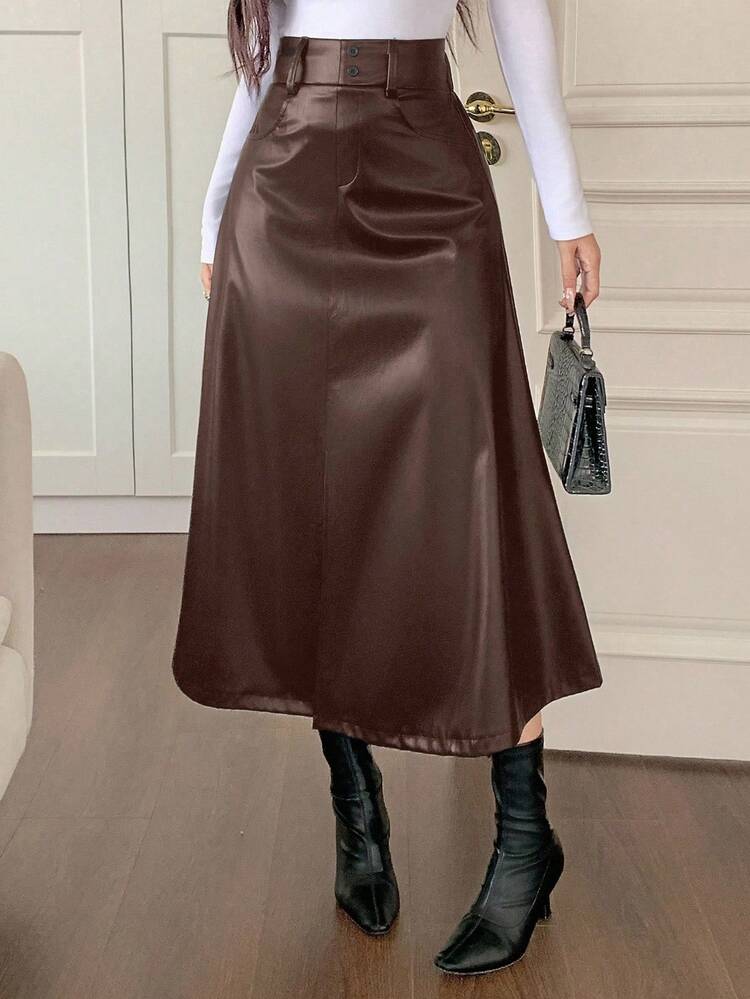 Women's High Waist Slit A-Line Skirt, PU Leather Long Elegant Skirt Winter Women Skirts