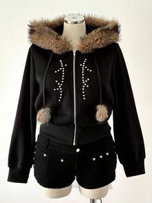 Sunspun 大码连帽流苏串珠长袖夹克 - 黑色 - 查看 6