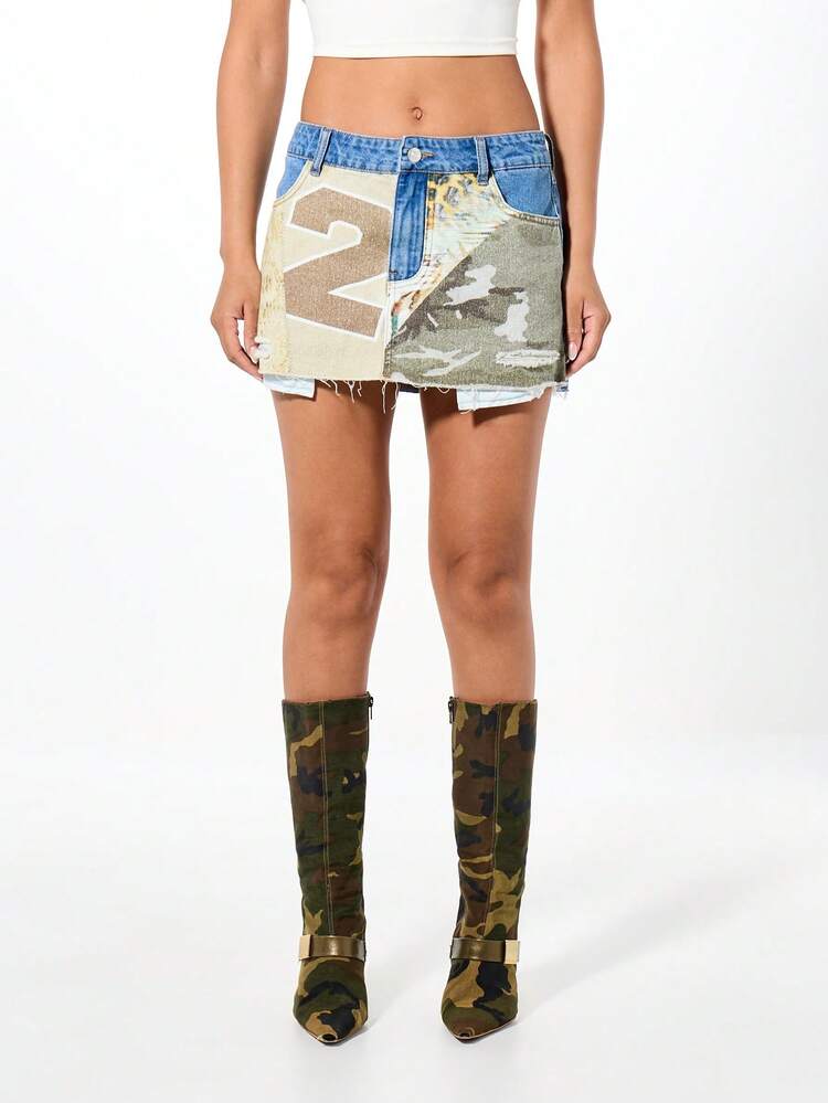 SUMWON WOMEN Patchwork Denim Mini Skirt With Camouflage Details