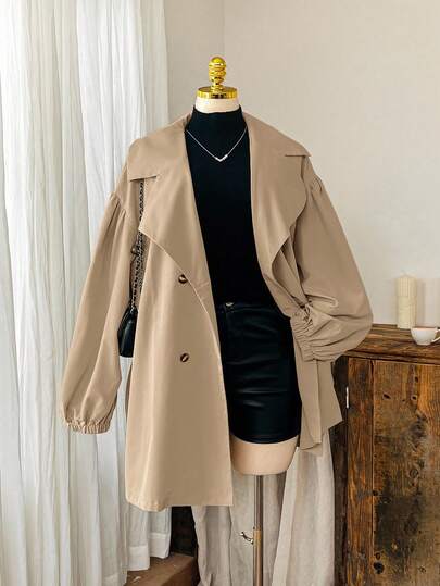 SHEIN EZwear Plus Size Camel Solid Color Lapel Button Tie Casual Minimalist Windbreaker/Winter