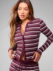 MISSGUIDED Striped Button-Up Lounge Cardigan Long Sleeve Relaxed Fit Cozy Loungewear Top