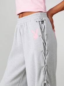 Missguided x Playboy 系带侧边细节阔腿运动裤，休闲舒适，兔子标志 - 灰色 - 查看 4
