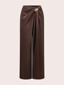 Siren Gaze Pantalones de oficina de moda para mujer con decoración de metal - Marrón - Ver 6