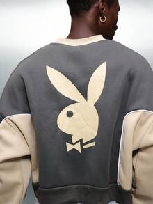 PLAYBOY X SUMWON Crop Fit Bunny Logo Pullover Sweatshirt With Contrast Sleeves And Ribbed Cuffs - Grey - View 8