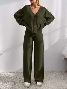 SHEIN Tall Tall Size Women Solid Color Casual Drop Shoulder Cardigan & Tie Front Knit Pants For Everyday Wear - Army Green - View 3