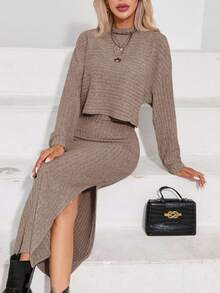 SHEIN Privé 女式纯色落肩长袖 T 恤和吊带背心连衣裙休闲两件套，秋季 - 棕色 - 查看 5