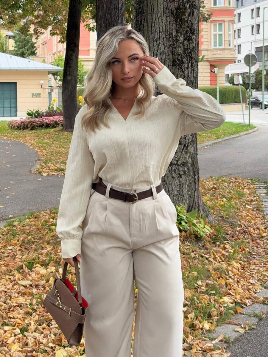 Jeta Ari Blusa blanca de trabajo con mangas de linterna plisadas y plegadas, blusas de manga larga - Albaricoque - Ver 1