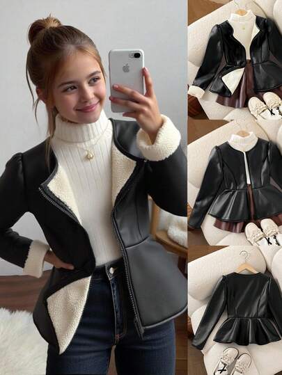 SHEIN 青少年女孩休闲简约街头风格 PU 羊毛厚腰荷叶边下摆金属拉链前夹克外套，黑色，超舒适女式秋冬装