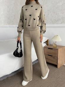 EURMUSE Women Hearth Embroidery Detailed Mock Neck Drop Shoulder Pullover & Sweater Pants Set