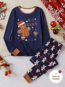 1套青少年男孩圣诞姜饼人印花长袖上衣和裤子睡衣套装