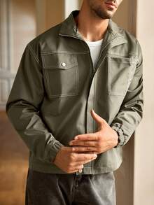 Mainfolk Men's Casual Stand Collar Contrast Color Line Utility Jacket, For Fall Winter - Army Green - View 5