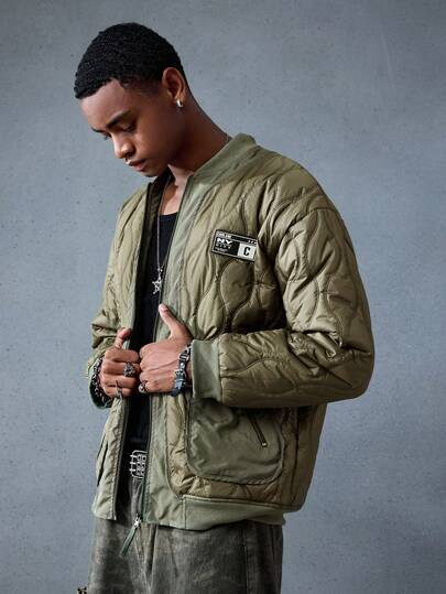 Street Life Abrigo acolchado con cremallera y parche de unicolor para hombre, invierno