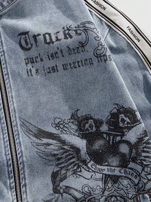 ROMWE MEN Street Life 男士落肩撞色条纹立领拉链时尚百搭创意玫瑰图案牛仔夹克 - 藍色 - 查看 10