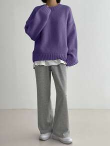 DAZY 女式休闲宽松圆领落肩长袖毛衣，秋冬 - Bold Plum - 查看 5